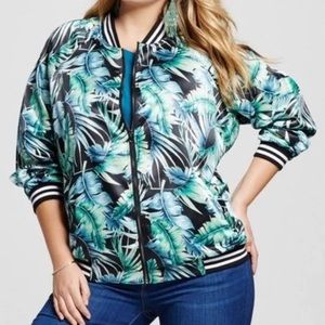 Ava & Viv Womens Size 2X Green Palm Leaves Bomber Jacket Full Zip Pockets